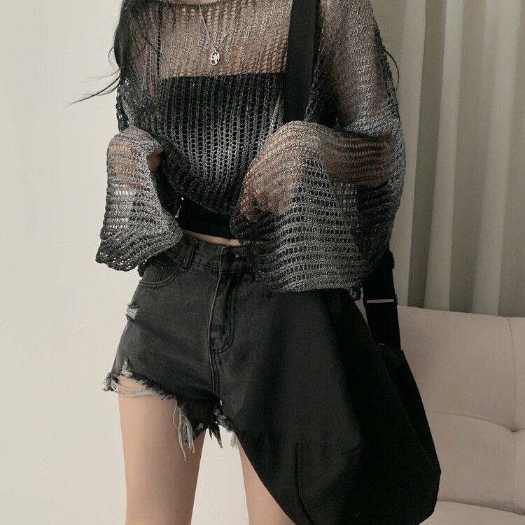 グラデーションルーズフィットシースルーネットクロップニット BLACK