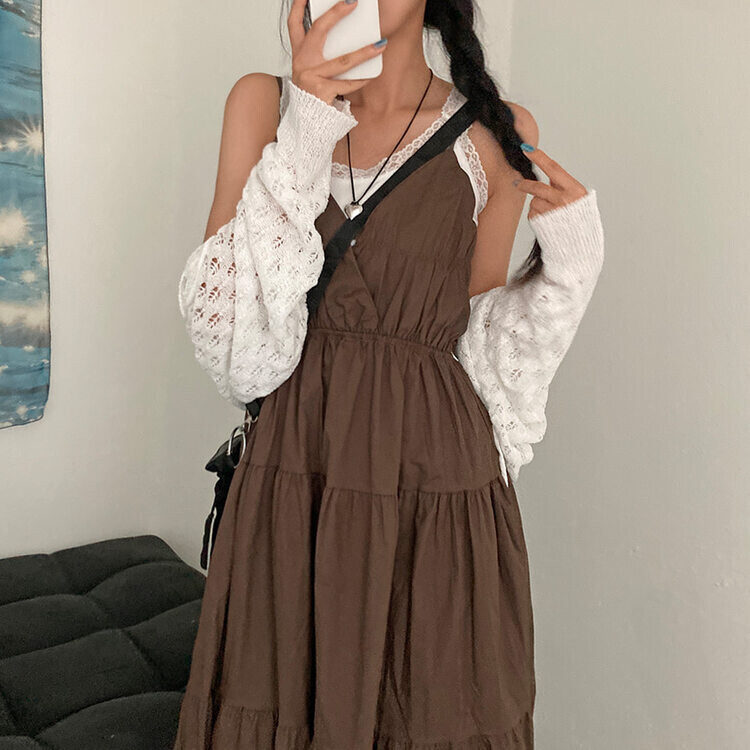 분위기 있는 바캉스룩 바스락 뒷 리본 뷔스티에 캉캉 나시 롱 원피스 브라운
