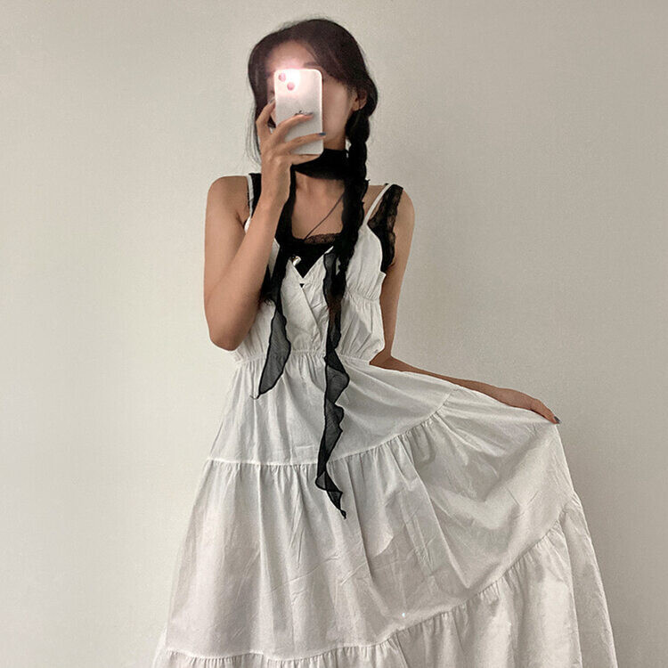 분위기 있는 바캉스룩 바스락 뒷 리본 뷔스티에 캉캉 나시 롱 원피스 아이보리