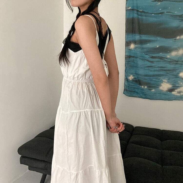 분위기 있는 바캉스룩 바스락 뒷 리본 뷔스티에 캉캉 나시 롱 원피스 아이보리