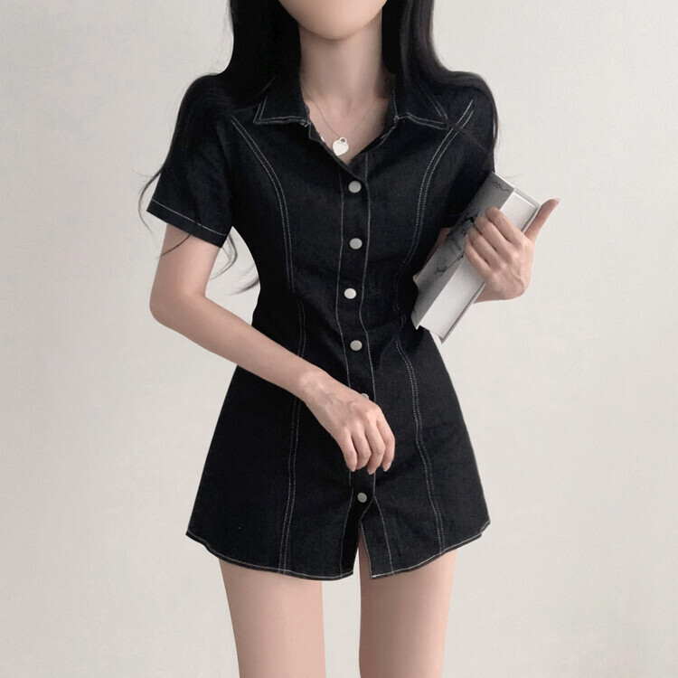 Pium ダークデニム 半袖ミニワンピース ドッキング 半袖デニム