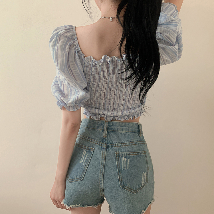 ユニークストライプバンディングクロスクロップ半袖ブラウス｜ブラウス