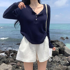 長袖Tシャツ ルーズフィットリブボタンラウンド長袖Tシャツ ネイビー