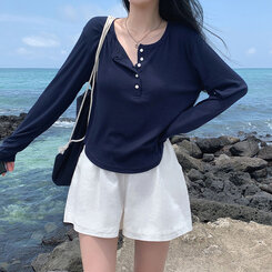 長袖Tシャツ ルーズフィットリブボタンラウンド長袖Tシャツ ネイビー