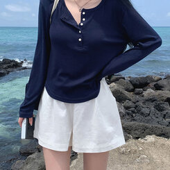 長袖Tシャツ ルーズフィットリブボタンラウンド長袖Tシャツ ネイビー