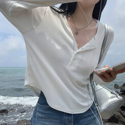 長袖Tシャツ ルーズフィットリブボタンラウンド長袖Tシャツ ホワイト