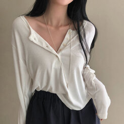長袖Tシャツ ルーズフィットリブボタンラウンド長袖Tシャツ ホワイト