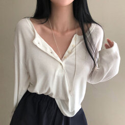 長袖Tシャツ ルーズフィットリブボタンラウンド長袖Tシャツ ホワイト