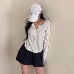 長袖Tシャツ ルーズフィットリブボタンラウンド長袖Tシャツ ホワイト