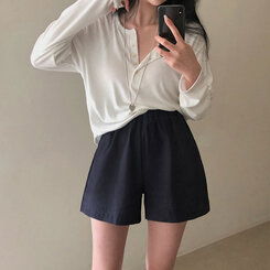 長袖Tシャツ ルーズフィットリブボタンラウンド長袖Tシャツ ホワイト