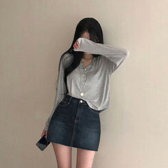 長袖Tシャツ ルーズフィットリブボタンラウンド長袖Tシャツ グレー