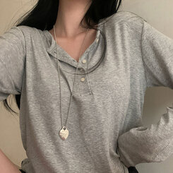 長袖Tシャツ ルーズフィットリブボタンラウンド長袖Tシャツ グレー