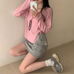 長袖Tシャツ ルーズフィットリブボタンラウンド長袖Tシャツ ピンク