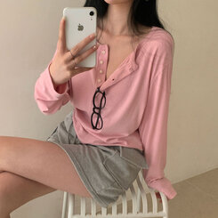 長袖Tシャツ ルーズフィットリブボタンラウンド長袖Tシャツ ピンク