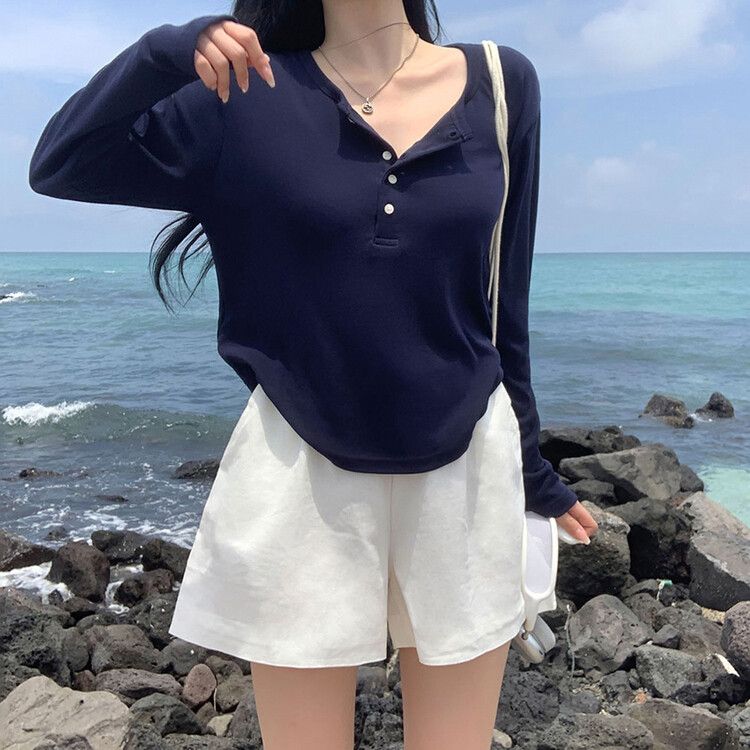ルーズフィットリブボタンラウンド長袖Tシャツ ネイビー