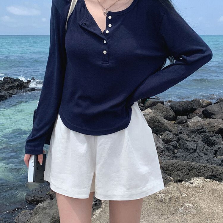 ルーズフィットリブボタンラウンド長袖Tシャツ ネイビー