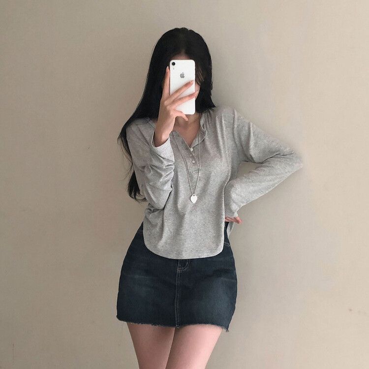 ルーズフィットリブボタンラウンド長袖Tシャツ グレー