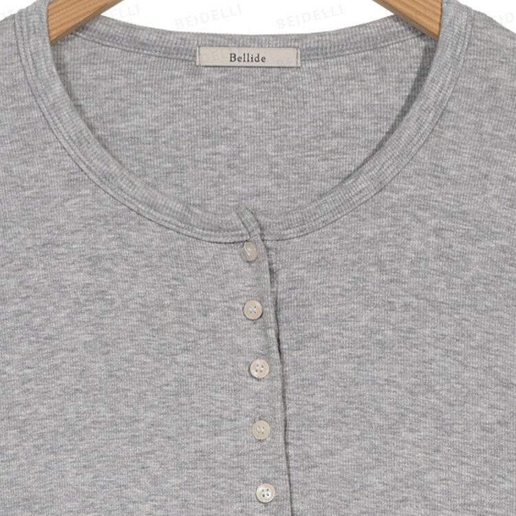 ルーズフィットリブボタンラウンド長袖Tシャツ