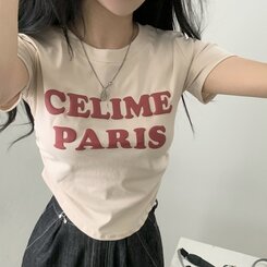 半袖Tシャツ エンボスシャーリングレタリングクロップTシャツ6色 BEIGE