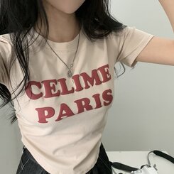 半袖Tシャツ エンボスシャーリングレタリングクロップTシャツ6色 BEIGE