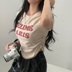 半袖Tシャツ エンボスシャーリングレタリングクロップTシャツ6色 BEIGE