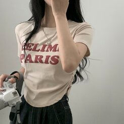 半袖Tシャツ エンボスシャーリングレタリングクロップTシャツ6色 BEIGE