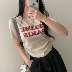 半袖Tシャツ エンボスシャーリングレタリングクロップTシャツ6色 BEIGE