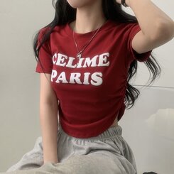 半袖Tシャツ エンボスシャーリングレタリングクロップTシャツ6色 RED