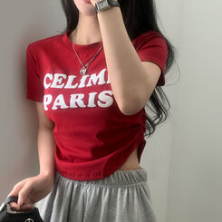 半袖Tシャツ エンボスシャーリングレタリングクロップTシャツ6色 RED