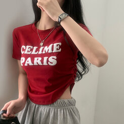 半袖Tシャツ エンボスシャーリングレタリングクロップTシャツ6色 RED