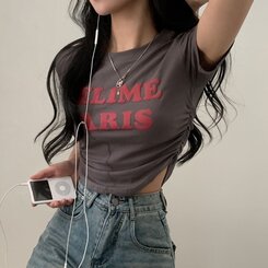 半袖Tシャツ エンボスシャーリングレタリングクロップTシャツ6色 チャコール