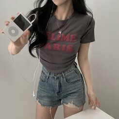 半袖Tシャツ エンボスシャーリングレタリングクロップTシャツ6色 チャコール
