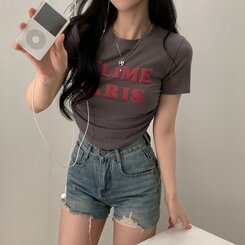 半袖Tシャツ エンボスシャーリングレタリングクロップTシャツ6色 チャコール