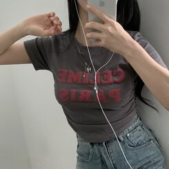 半袖Tシャツ エンボスシャーリングレタリングクロップTシャツ6色 チャコール