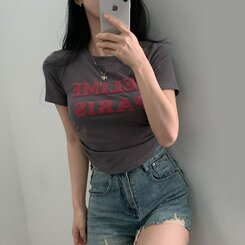 半袖Tシャツ エンボスシャーリングレタリングクロップTシャツ6色 チャコール