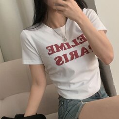 半袖Tシャツ エンボスシャーリングレタリングクロップTシャツ6色 IVORY