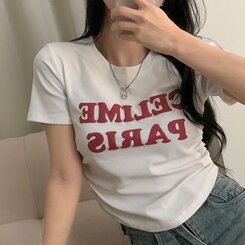 半袖Tシャツ エンボスシャーリングレタリングクロップTシャツ6色 IVORY