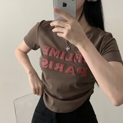 半袖Tシャツ エンボスシャーリングレタリングクロップTシャツ6色 ブラウン