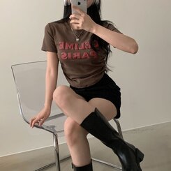 半袖Tシャツ エンボスシャーリングレタリングクロップTシャツ6色 ブラウン