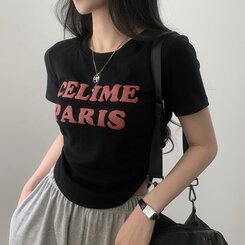半袖Tシャツ エンボスシャーリングレタリングクロップTシャツ6色 ブラック