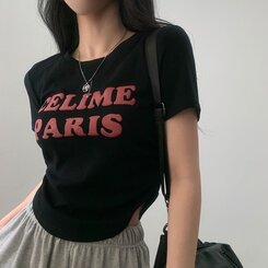 半袖Tシャツ エンボスシャーリングレタリングクロップTシャツ6色 ブラック