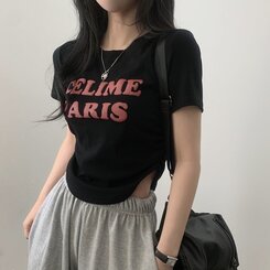 半袖Tシャツ エンボスシャーリングレタリングクロップTシャツ6色 ブラック