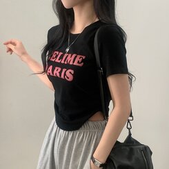 半袖Tシャツ エンボスシャーリングレタリングクロップTシャツ6色 ブラック