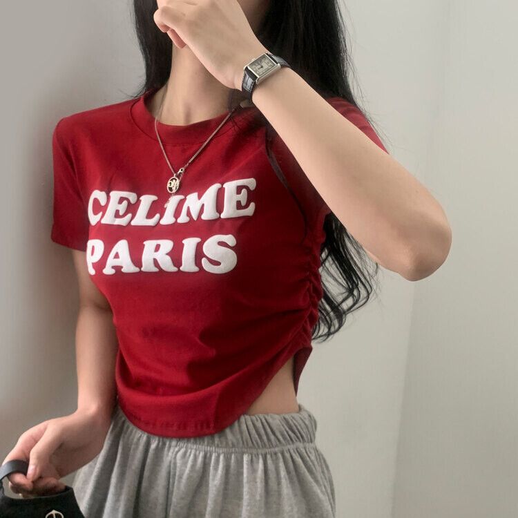 エンボスシャーリングレタリングクロップTシャツ6色 RED