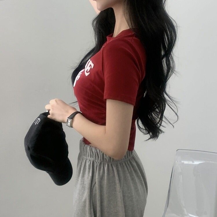 エンボスシャーリングレタリングクロップTシャツ6色 RED
