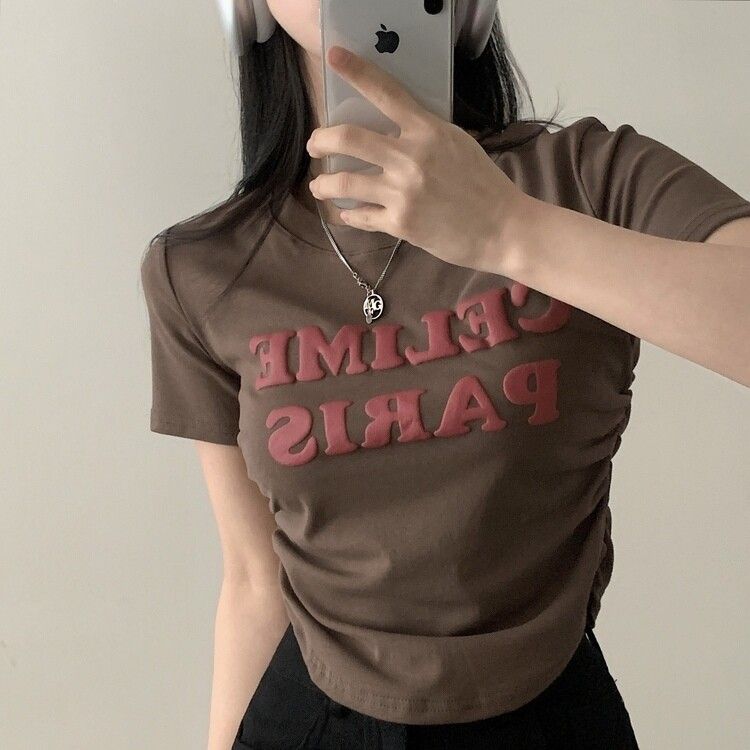 エンボスシャーリングレタリングクロップTシャツ6色 ブラウン