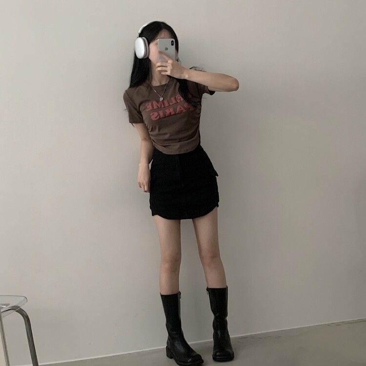エンボスシャーリングレタリングクロップTシャツ6色 ブラウン