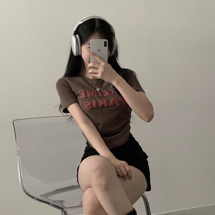 エンボスシャーリングレタリングクロップTシャツ6色 ブラウン
