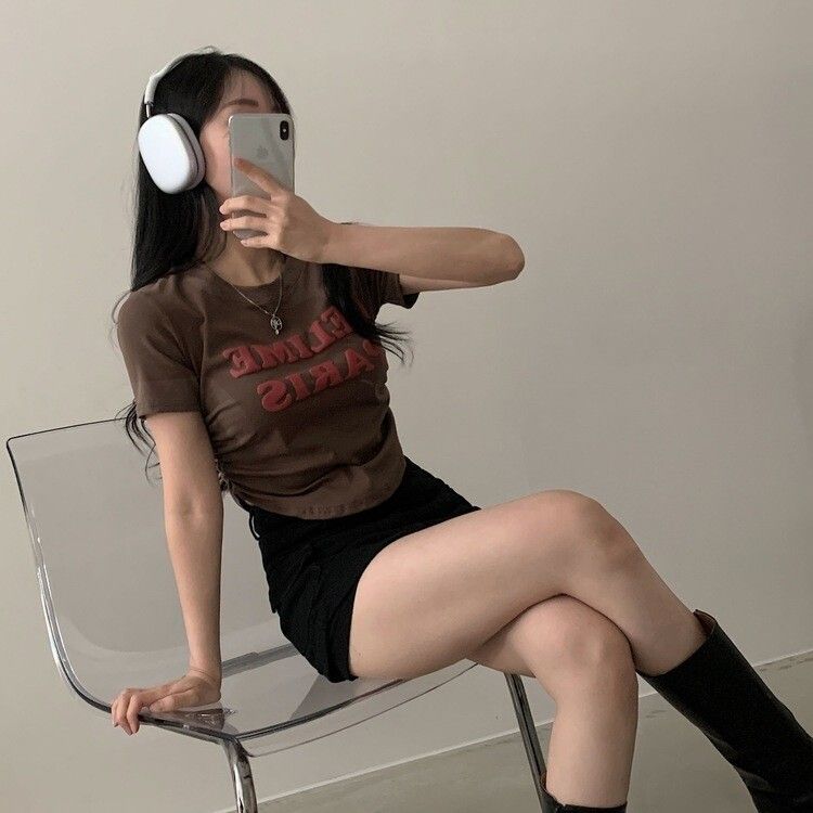 半袖Tシャツ エンボスシャーリングレタリングクロップTシャツ6色 ブラウン