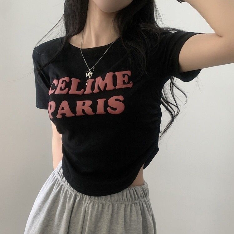 エンボスシャーリングレタリングクロップTシャツ6色 ブラック